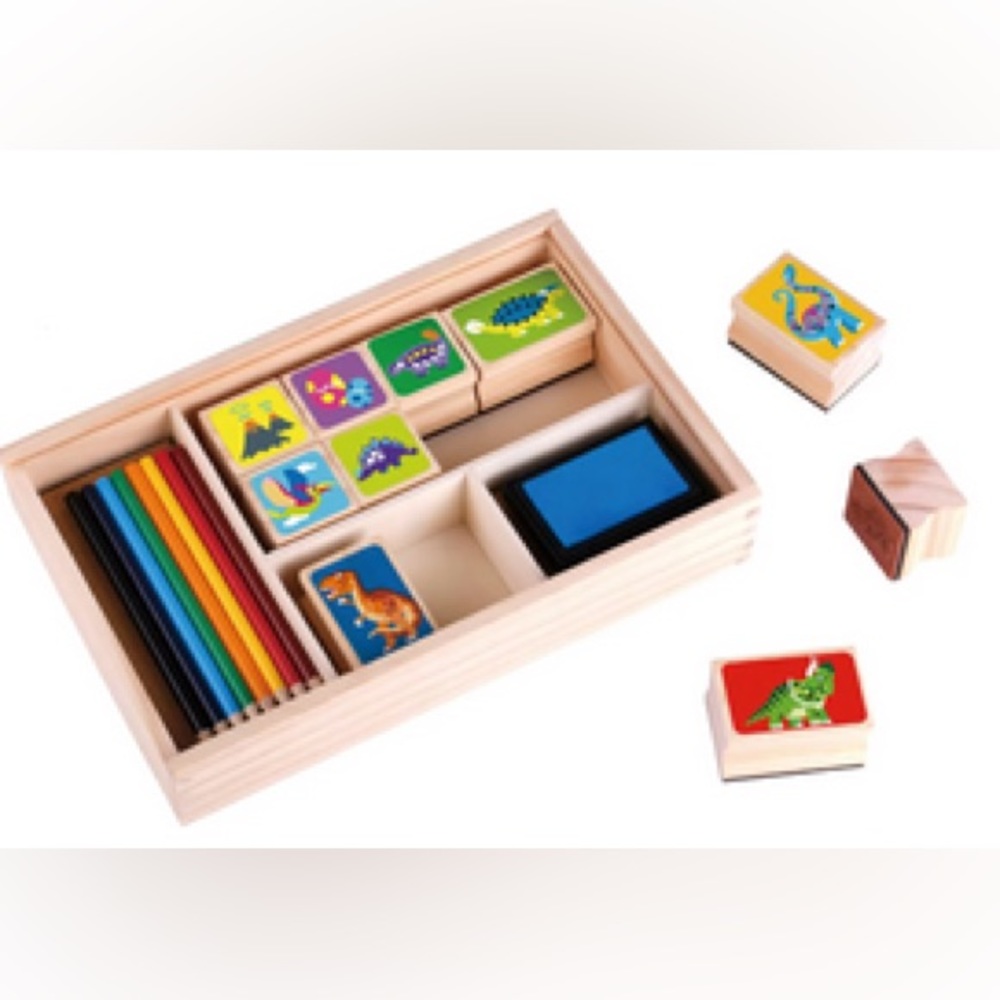 Activity blocks with stamps and colored pencils